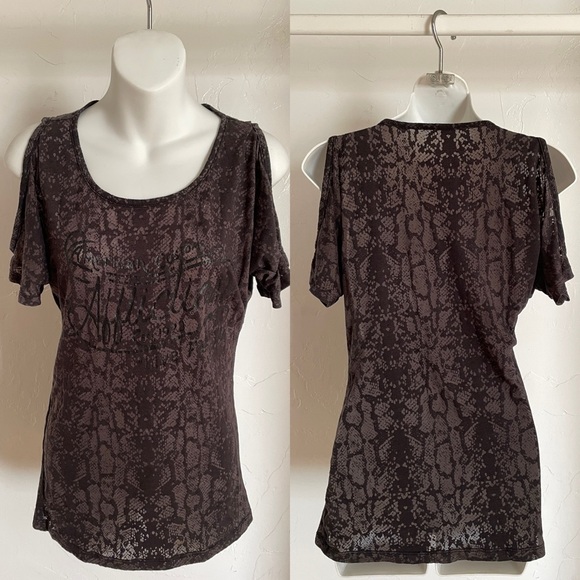 AFFLICTION Vintage Y2K Snakeskin Sublimation LOGO Print Cold Shoulder TOP Small - Picture 3 of 9